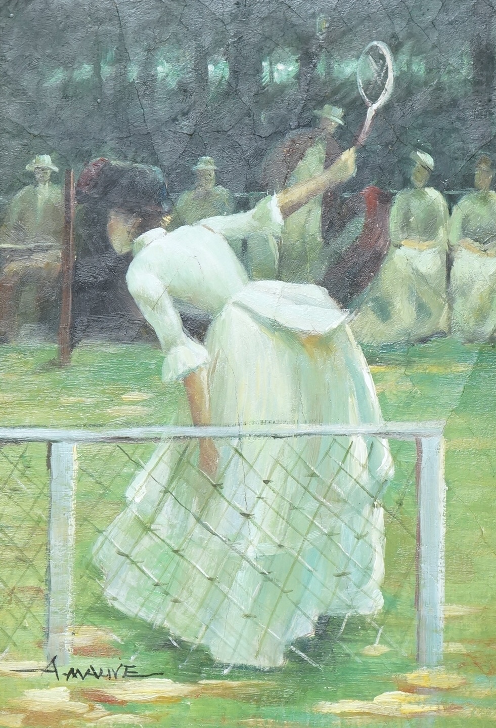 After Sir John Lavery RA (Irish, 1856-1941), oil on board, an Edwardian tennis player, copied from a section of a larger work, spuriously signed A. Mauve, 17 x 11cm